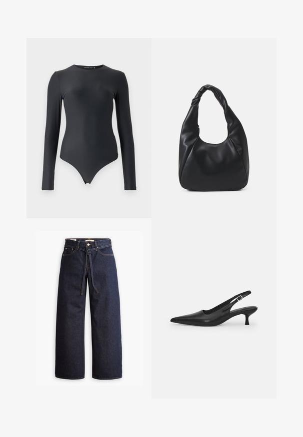 Bruine, harige fleecejas met een kraag, twee borstzakken en een sluiting met knopen aan de voorkant. Heeft een gestructureerd oppervlak en zwarte knopen.; Zwarte longsleeve bodysuit van gladde, rekbare stof met een ronde halslijn en een aangesloten silhouet, voorzien van een string-achtige onderkant.; Wijd pijpjes donkerblauwe denim jeans met een hoge taille, voorzien van een trekkoord, vijf zakken en contrasterende stiksels.; Zwarte leren slingback schoen met een puntige neus en een slanke, gebogen hak. Voorzien van een discrete verstelbare band met een metalen gesp.; Zwarte hobotas gemaakt van glad, leerachtig materiaal met een gedraaide handgreep, met een zachte, ronde vorm en een ritsluiting aan de bovenkant.