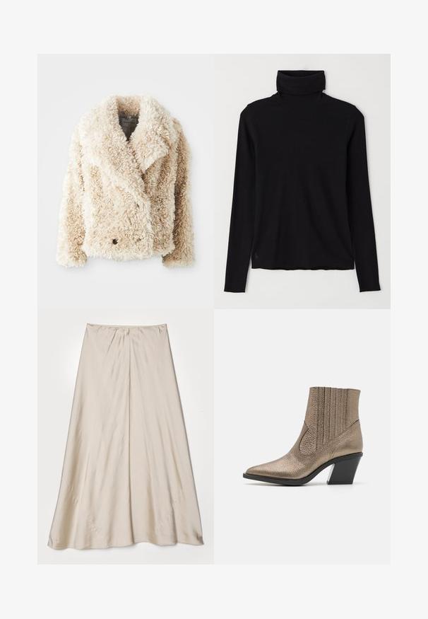 Cream-colored faux fur jacket with a deep V-neck, double-breasted button closure, and textured, fluffy surface. Features wide lapels.; Black turtleneck sweater made of ribbed fabric. Long sleeves, close-fitting design, and a slightly relaxed hem with no visible patterns or hardware.; Beige, satin skirt with a flared silhouette. Features a gathered waistband and a subtle sheen, with angled seams and a flowy drape.; Metallic bronze ankle boot with a pointed toe, textured surface, vertical cutouts, and a block heel with a clear accent.