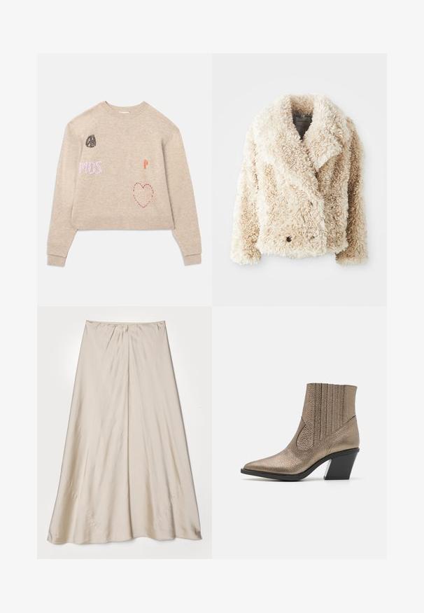 Kermitevärviline faux karusnahkjakker, millel on sügav V-kaelus, topelt-nuppude sulgemine ning tekstuurne, paks pind. Omab laiu klappe.; Lyhyt beige neulepaita, jossa on brodeerattuja yksityiskohtia. Sisältää erilaisia värikkäitä applikaatioita, mukaan lukien tekstiä ja sydänkuvio. Ribbaus hihansuissa ja helmassa.; Beige, satiinihame, jossa on levenevä siluetti. Ominaisuuksiin kuuluu kerätty vyötärö ja hillitty kiilto, vinot saumat sekä ilmava laskostus.; Metallinen pronssinvärinen nilkkuri, jossa on terävä kärki, teksturoitu pinta, pystysuorat leikkaukset ja läpinäkyvällä korostuksella varustettu lohkokorko.