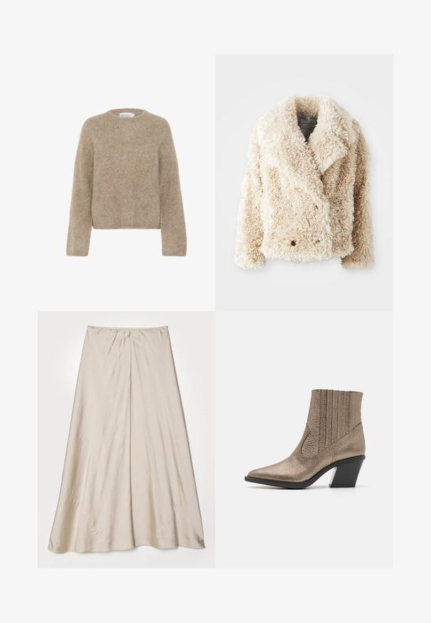 Cremefarbene Kunstfelljacke mit tiefem V-Ausschnitt, doppelreihigem Knopfverschluss und strukturierter, flauschiger Oberfläche. Mit breiten Revers.; Brauner, flauschiger Pullover aus weichem Material, mit Rundhalsausschnitt und langen Ärmeln. Einfaches, kurzes Design ohne sichtbare Muster oder Akzente.; Beige, Satinrock mit ausgestellter Silhouette. Verfügt über einen gerafften Taillenbund und einen subtilen Glanz, mit schrägen Nähten und einem fließenden Fall.; Metallisch bronzefarbenen Knöchelstiefel mit spitzem Schuhzehen, strukturierten Oberflächen, vertikalen Ausschnitten und einem Blockabsatz mit klaren Akzenten.