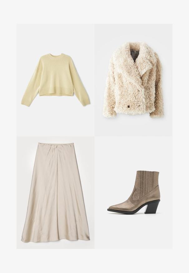 Veste en fausse fourrure couleur crème avec un col en V profond, une fermeture à double boutonnage et une surface texturée et duveteuse. Présente des revers larges.; Vanessa Bruno ESTHER - Pullover - jaune; Jupe en satin beige avec une silhouette évasée. Présente une taille froncée et un éclat subtil, avec des coutures angulaires et une drapé fluide.; Bottine en bronze métallisé avec un orteil pointu, une surface texturée, des découpes verticales et un talon bloc avec un accent transparent.