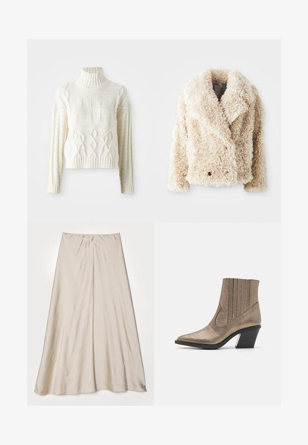 Cremefarbene Kunstfelljacke mit tiefem V-Ausschnitt, doppelreihigem Knopfverschluss und strukturierter, flauschiger Oberfläche. Mit breiten Revers.; Strickpullover in Creme mit hohem geripptem Kragen, der strukturierte Muster und Zopfstrickdetails an den Ärmeln und dem Körper aufweist. Kurz und figurbetont.; Beige, Satinrock mit ausgestellter Silhouette. Verfügt über einen gerafften Taillenbund und einen subtilen Glanz, mit schrägen Nähten und einem fließenden Fall.; Metallisch bronzefarbenen Knöchelstiefel mit spitzem Schuhzehen, strukturierten Oberflächen, vertikalen Ausschnitten und einem Blockabsatz mit klaren Akzenten.