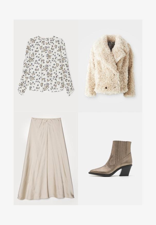 Giacca in pelliccia sintetica color crema con scollatura a V profonda, chiusura con bottoni doppi e superficie morbida e vellutata. Presenta ampi risvolti.; MUNTHE SEIMA - Camicetta - ivory; Gonna beige in satin con silhouette svasata. Presenta una cintura arricciata e un sottile lucido, con cuciture oblique e un drappeggio fluido.; Stivale alla caviglia in bronzo metallico con punta a punta, superficie texture, tagli verticali e tacco a blocco con un accento trasparente.