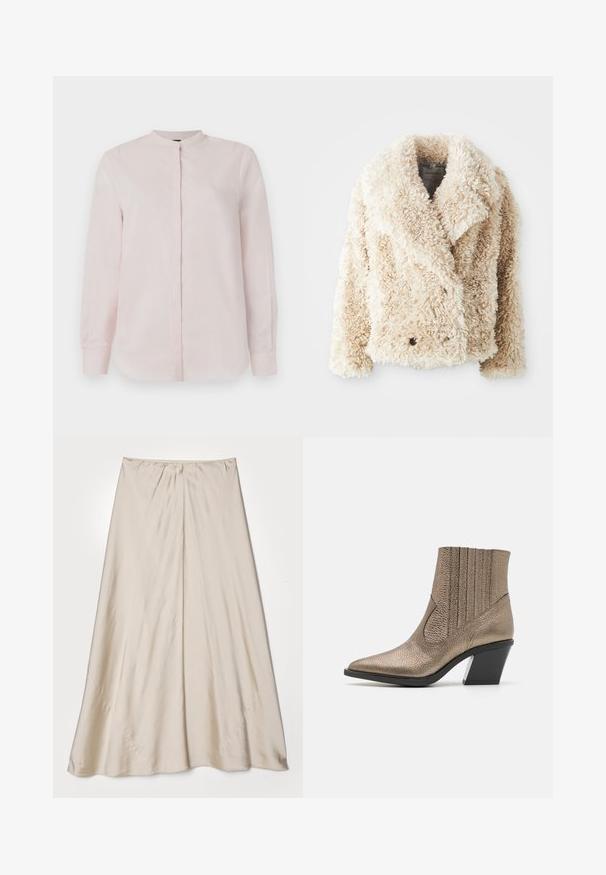 Cremefarvet faux fur jakke med dyb V-udskæring, dobbeltknaplukning og tekstureret, fluffy overflade. Har brede revers.; Lys rosa langærmet skjorte med ståkrave, knaplukning foran og glat tekstur. Ingen synlige mønstre eller design.; Beige satin nederdel med en udvidet silhuet. Har en rynket talje og en subtil glans, med skrå sømme og en let drapering.; Metallic bronze ankelstøvle med spids tå, struktureret overflade, lodrette udsparinger og en blokhæl med en klar accent.