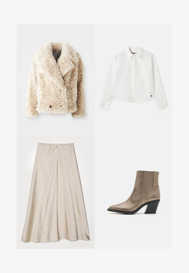 Κρέμας χρώματος ψεύτικη γούνα σακάκι με βαθύ V-λαιμό, διπλή κουμπί κλείσιμο και υφή, αφράτη επιφάνεια. Διαθέτει φαρδιές πέτες.; Λευκό κοντό μπλουζάκι με μακριά μανίκια από βαμβάκι. Διαθέτει κουμπωτό μπροστινό μέρος, τσέπη στο στήθος και ένα μικρό μαύρο λογότυπο στο κάτω αριστερό μέρος.; Μπεζ, σατέν φούστα με φαρδιά σιλουέτα. Διαθέτει συγκεντρωμένη μέση και διακριτική λάμψη, με διαγώνιες ραφές και ρευστή εφαρμογή.; Μεταλλικά χάλκινα μποτάκια μέχρι τον αστράγαλο με τετράγωνη μύτη, υφή, κάθετες κοπές και τακούνι σε μπλοκ με διαφάνεια.