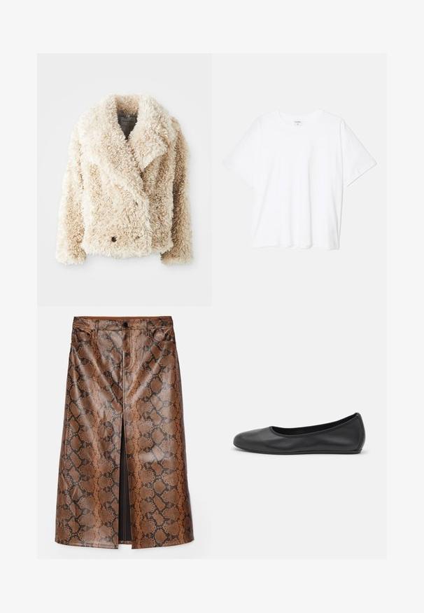 Cream-colored faux fur jacket with a deep V-neck, double-breasted button closure, and textured, fluffy surface. Features wide lapels.; White cotton t-shirt with short sleeves, round neckline, relaxed fit, and stitched hem. Label visible on the inside neck.; Brown snake-print midi skirt made of glossy, textured material, featuring a front slit and traditional jean-style pockets.; Black leather ballet flat with a rounded toe, smooth texture, minimal stitching detail, and a flexible sole design.