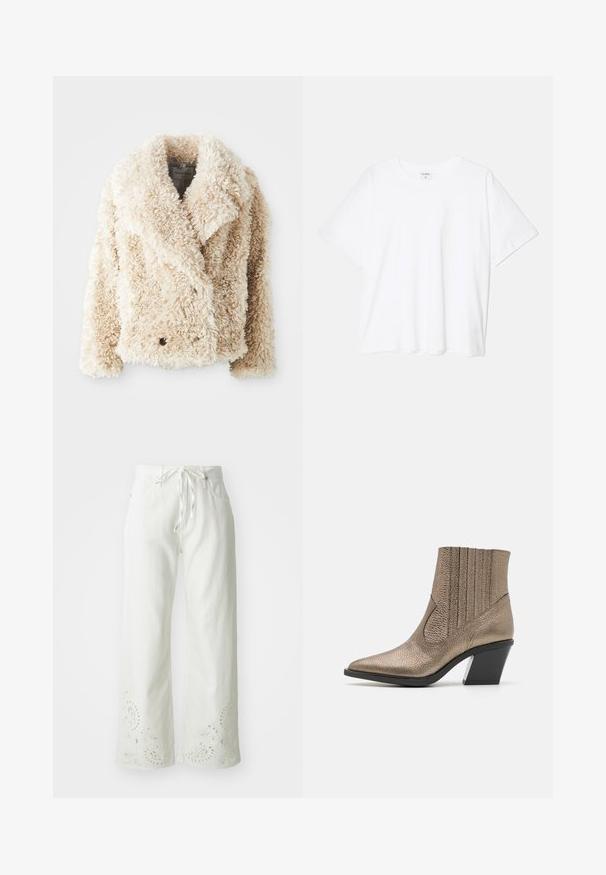 Jaka od umjetnog krzna boje kreme s dubokim V-izrezom, dvostrukim kopčanjem na dugmad i teksturiranom, pahuljastom površinom. Ima široke reverbe.; Bijela pamučna majica s kratkim rukavima, okruglim izrezom, opuštenim krojem i šivenim rubom. Etiketa je vidljiva na unutarnjoj strani vrata.; Bijele široke hlače od pamuka, s pojasom na vezanje i izvezenim paisley uzorcima na rubu. Glatka tekstura.; Metalni brončani čizmica do gležnja s uskim vrhom, teksturiranom površinom, vertikalnim rezovima i blok petom s prozirnim detaljem.