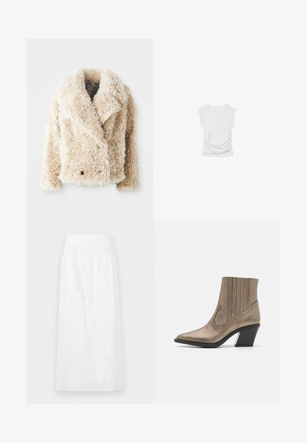 Veste en fausse fourrure couleur crème avec un col en V profond, une fermeture à double boutonnage et une surface texturée et duveteuse. Présente des revers larges.; Haut blanc à manches courtes avec un col rond. Doté d'une texture froncée sur les côtés et d'une silhouette ajustée, fabriqué à partir d'un matériau doux et extensible.; Jupe maxi blanche avec une taille élastique, de délicates broderies florales et un design fluide. Fabriquée en tissu léger.; Bottine en bronze métallisé avec un orteil pointu, une surface texturée, des découpes verticales et un talon bloc avec un accent transparent.