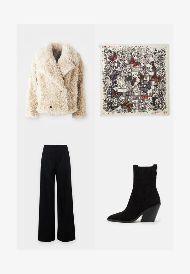 Cream-colored faux fur jacket with a deep V-neck, double-breasted button closure, and textured, fluffy surface. Features wide lapels.; Black short-sleeve top with a round neckline and shoulder detailing, laid flat on a white background.; Max Mara Leisure BONN - Trousers - nero; Iro MAZOLA FIT  - High heeled ankle boots - black; Square silk scarf featuring detailed butterfly illustrations in various colors on a light background, with black outlines and decorative patterns.