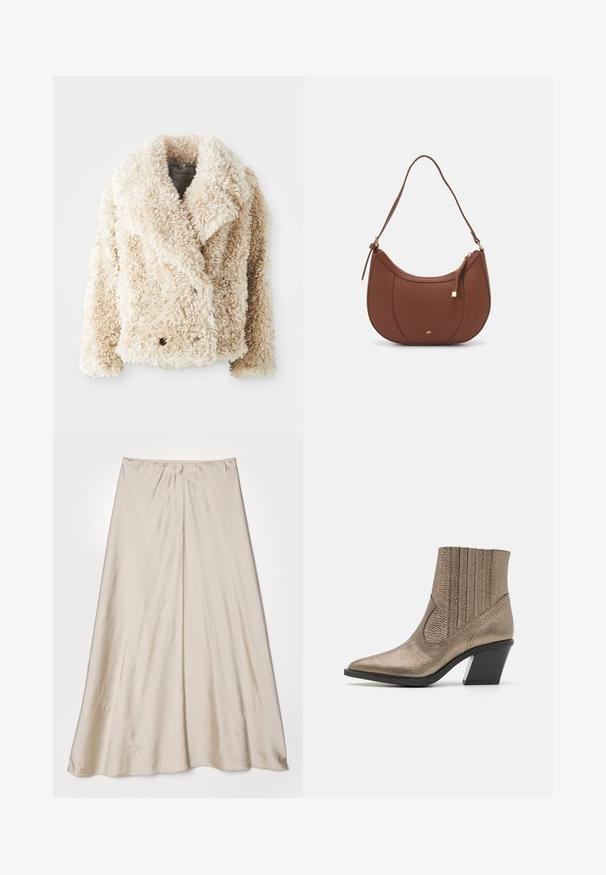 Cream-colored faux fur jacket with a deep V-neck, double-breasted button closure, and textured, fluffy surface. Features wide lapels.; White short-sleeve t-shirt, crew neck, made of soft, smooth cotton fabric, with a straight hem and minimal detailing. Plain and versatile design.; Beige, satin skirt with a flared silhouette. Features a gathered waistband and a subtle sheen, with angled seams and a flowy drape.; Metallic bronze ankle boot with a pointed toe, textured surface, vertical cutouts, and a block heel with a clear accent.; Brown faux leather shoulder bag with curved shape, minimal stitching, and a gold-tone hardware accent. Features a top zipper closure and adjustable strap.