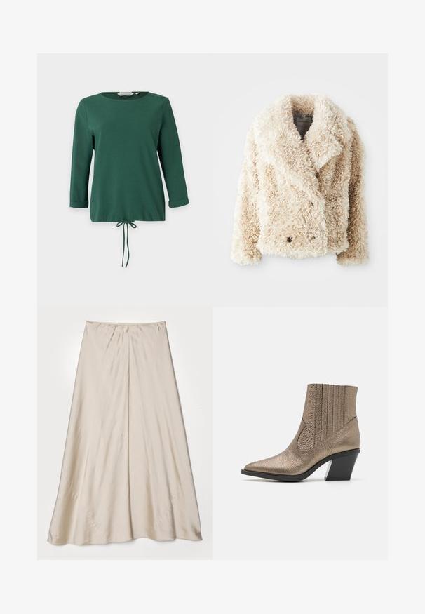 Cream-colored faux fur jacket with a deep V-neck, double-breasted button closure, and textured, fluffy surface. Features wide lapels.; Green long-sleeve top with round neckline, ribbed texture, side button accents, and adjustable drawstring at the hem.; Beige, satin skirt with a flared silhouette. Features a gathered waistband and a subtle sheen, with angled seams and a flowy drape.; Metallic bronze ankle boot with a pointed toe, textured surface, vertical cutouts, and a block heel with a clear accent.