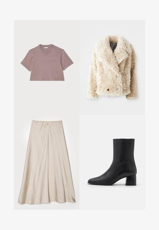 Krémový kabát z umělé kožešiny s hlubokým výstřihem do V, dvojitým zapínáním na knoflíky a texturovaným, nadýchaným povrchem. Má široké klopy.; Zkrácená trička v prašném mauve, vyrobená z měkké tkaniny. Má kulatý výstřih, krátké rukávy a diskrétní logo vytištěné na přední straně.; Béžová saténová sukně s rozšířeným siluetou. Má nařasený pás a jemný lesk, s šikmými švy a splývavým drapáním.; Černé kožené kotníkové boty s špičatou špičkou a robustním čtvercovým podpatek. Hladká textura s bezšvovým designem a minimalistickým prošíváním.