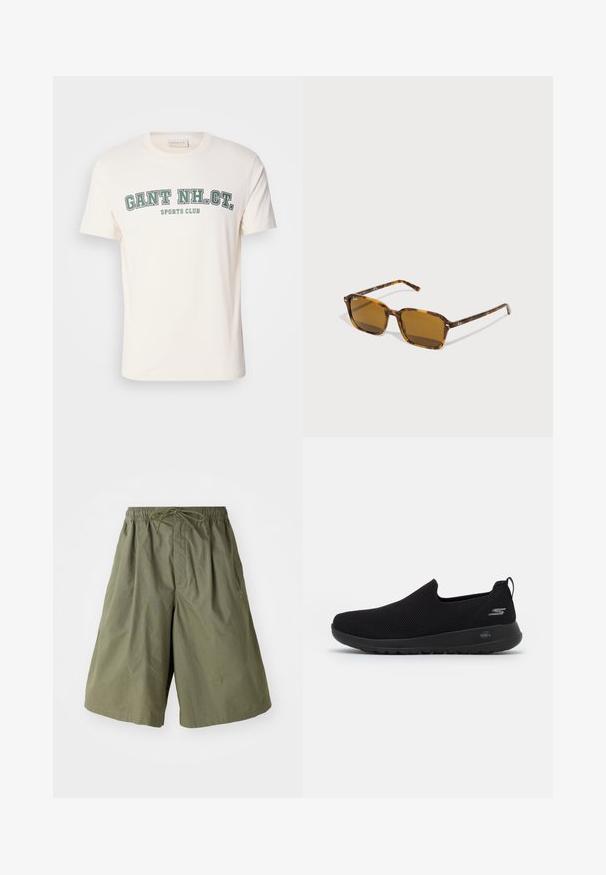 Beige knoopjack met een ingewikkelde multikleurige print van figuren, planten en patronen; heeft een klassieke kraag en lange mouwen.; Crème katoenen t-shirt met een ronde halslijn en korte mouwen. De voorkant toont "GANT NH. CT." en "SPORTS CLUB" in groene en zwarte tekst.; Olijfgroene shorts van lichtgewicht stof, met een elastische tailleband met trekkoord en zijzakken, een gladde textuur en een relaxte pasvorm.; Zwarte instap sneaker met een ademende mesh bovenkant, ronde neus en een gevoerde rubberen zool. Bevat een logo aan de zijkant.; Tortoiseshell zonnebrillen met vierkante monturen, bruine lenzen en zwarte pootjes met witte logo-accenten.