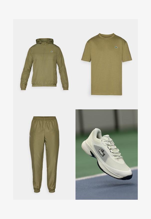 Olīvu zaļš viegls jaka ar rāvējslēdzēju priekšā, kapuci un elastīgām aprocēm. Apģērbam ir horizontāla šuve un mazs izšūts logo uz krūtīm.; Olīvkoka zaļš kokvilnas T-krekls ar īsām piedurknēm, ribota apkakle un izšūta krokodila logo baltā un zaļā krāsā kreisajā krūtī.; OLIVZA zaļas sporta bikses ar elastīgu jostu, sašaurinātiem piedurkņu galiem un mazu logo detaļu. Izgatavotas no gludas, vieglas auduma.; Balti sporta apavi ar sieta materiāla augšpusi, melniem akcentiem, teksturētu zoli un izteiktu logo sānos, attēloti pret sporta laukuma fonu.
