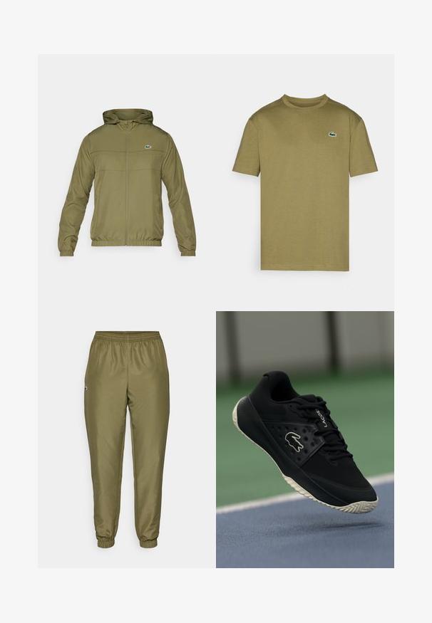 Casaco leve em verde azeitona com fecho éclair à frente, capuz e punhos elásticos. Possui uma costura horizontal e um pequeno logotipo bordado no peito.; T-shirt de algodão verde-oliva com mangas curtas, decote redondo canelado e logo de crocodilo bordado em branco e verde no lado esquerdo do peito.; Calças jogger verde-oliva com um cós elástico, punhos afunilados e um pequeno detalhe de logotipo. Feitas de um tecido suave e leve.; Sapatilha atlética preta com superior texturizado e detalhes lisos, apresentando um logo branco, design de atacadores e sola de borracha flexível.