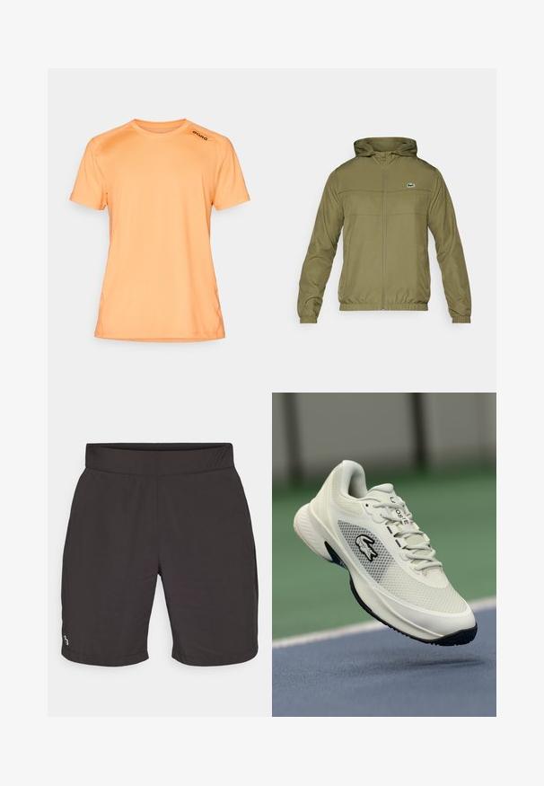Jachetă ușoară de culoare verde măslinie, cu fermoar în față, glugă și manșete elastice. Prezintă o cusătură orizontală și un mic logo brodat pe piept.; Cămașă sport cu mânecă scurtă de culoare portocalie, fabricată dintr-un material neted, având un guler rotund și un logo negru "BORG" pe umăr.; Șorturi negre dintr-un material ușor, cu o textură netedă, prezentând o talie elastică și un mic logo colorat în partea stângă jos.; Sneaker athletic alb cu un superior din plasă, accente negre, talpă texturată și un logo proeminent pe lateral, afișat pe un fundal de teren.
