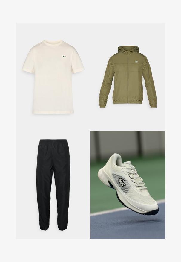 Olīvu zaļš viegls jaka ar rāvējslēdzēju priekšā, kapuci un elastīgām aprocēm. Apģērbam ir horizontāla šuve un mazs izšūts logo uz krūtīm.; Kremkrāsas kokvilnas T-krekls ar klasisku apaļu kaklu, īsām piedurknēm un zaļu krokodila logo, kas izšūts kreisajā krūtī.; Melnas sporta bikses, kas izgatavotas no viegla materiāla, ar elastīgu jostu un aprocēm, piedāvājot gludu tekstūru un minimālu zīmola atzīmi.; Balti sporta apavi ar sieta materiāla augšpusi, melniem akcentiem, teksturētu zoli un izteiktu logo sānos, attēloti pret sporta laukuma fonu.
