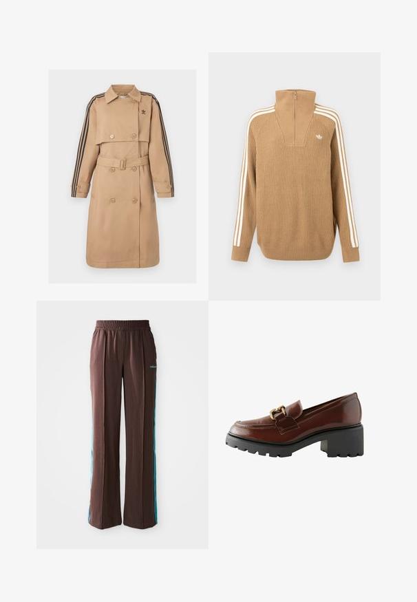Smėlio spalvos tranšėjos paltas su dvisluoksnėmis sagomis, diržu ir juodomis dryžuotomis detalėmis ant rankovių; turi apykaklę ir šonines kišenes.; Ruda juosta megztinis su aukštu apykakle ir pusiau užtrauktuku, su trimis baltomis juostelėmis ant rankovių ir mažu logotipu ant krūtinės.; Rudos sportiniai kelniukai su raukšlėtu paviršiumi, elastinga juosta ir turkio spalvos šoninėmis juostelėmis. Priekyje yra adidas logotipas.; Rudi odiniai loafers su apvaliu pirštu, dekoratyviniu auksiniu aparatu ir storu juodu platforminiu padu su tekstūruota apdaila.