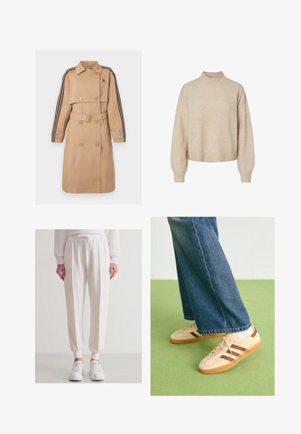 Beżowy trencz z podwójnym rzędem guzików, paskiem i czarnymi paskami na rękawach; posiada kołnierz i boczne kieszenie.; Jasno beżowy krótki sweter z wysokim kołnierzem, prążkowanymi mankietami i dołem. Wykonany z miękkiej, teksturowanej tkaniny o luźnym kroju.; Białe dresy o luźnym kroju, z elastycznym paskiem, ściągaczem na biodrach, prążkowanymi mankietami i plisami z przodu. Zestawione z białymi sneakerami.; Beżowe sneakersy z fakturowanymi kremowymi panelami i brązowymi paskami, w połączeniu z niebieskimi dżinsami. Dżinsy mają szerokie nogawki i postrzępione wykończenie.