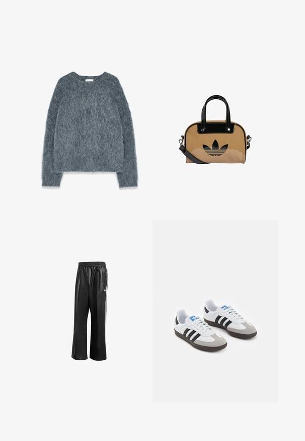 Bēšs lietusmētelis ar dubultpogu aizdari, jostu un melniem svītrainiem akcentiem uz piedurknēm; aprīkots ar apkakli un sānu kabatām.; Tekstūru pelēks džemperis ar brīvu piegriezumu, garām piedurknēm un platu izgriezumu. Mīksta, pūkaina materiāla ar nelielu spīdumu. Nav izteiktu rakstu vai akcentu.; Melnas sintētiskas sporta bikses ar elastīgu jostasvietu, ar baltām sānu svītrām un mazu baltu logo kreisajā gurnā.; Sporta apavi ar balto ādas virsu, pelēku zamšādas purngalu un trim melnām svītrām. Iezīmē zilu logotipu uz mēles un teksturētu gumijas zoli.; Dzeltena soma ar melniem lakotiem akcentiem, apaļa forma, divas rokturi un iespiests melns logo priekšpusē.