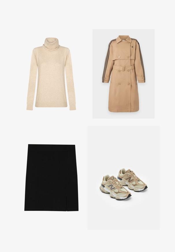 Beige trenchcoat met dubbele rij knopen, riem en zwarte gestreepte accenten op de mouwen; voorzien van een kraag en zijzakken.; Beige coltrui gemaakt van zacht stof. Heeft lange mouwen, een omgeslagen kraag en ribgebreide manchetten en zoom. Eenvoudig, strak ontwerp.; Zwarte mini rok gemaakt van zachte stof met een aansluitend ontwerp, met een lichte inkeping aan de zijkant voor extra detail.; Beige sneakers van mesh en nubuck materialen. Bevat een zwart logo en gegrandeerde accenten. Dikke witte tussenzool en zwarte rubberen buitenzool.