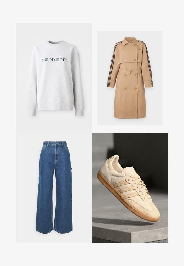 Beige trench coat with double-breasted buttons, belt, and black striped accents on sleeves; features a collar and side pockets.; Gray cotton sweatshirt with a crew neckline, ribbed cuffs, and a large, reflective "carhartt" logo on the front.; Wide-leg blue denim trousers with a high waist, contrasting stitching, and side pockets, featuring a classic five-pocket design and raw hems.; Light beige suede sneaker with gum outsole, three diagonal stripes, and a textured toe cap. Features logo on the tongue and side.