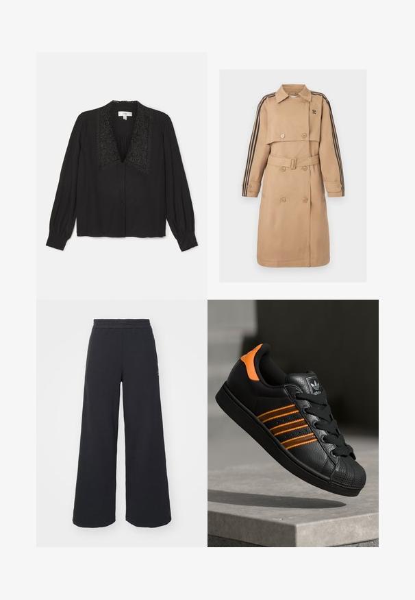 Beige trenssitakki, jossa on kaksiriviset napit, vyö ja mustat raidalliset yksityiskohdat hihoissa; siinä on kaulus ja sivutaskut.; Mustassa paidassa on pitkät hihat, jonka kauluksessa on koristeellinen kirjonta, napit edessä ja rypytys rinnassa. Pinta on sileä.; Mustat leveät collegehousut, jotka on valmistettu pehmeästä kankaasta. Niissä on elastinen vyötärö ja pieni logo vasemmalla puolella.; Musta sneaker oransseilla yksityiskohdilla, kolme vaakasuuntaista raitaa, tekstuuri-nahkapinta, kuminen varvaskansi ja mustat nauhat.