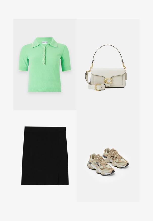 Beiger Trenchcoat mit doppelreihigen Knöpfen, Gürtel und schwarzen Streifenakzenten an den Ärmeln; verfügt über einen Kragen und seitliche Taschen.; Kurzarm-Polo-Pullover in Hellgrün mit strukturiertem Stoff, ausgestattet mit einem weißen Kragen und fünf dekorativen Knöpfen.; Schwarzer Minirock aus weichem Stoff mit figurbetontem Design, ausgestattet mit einem leichten Schlitz an der Seite für zusätzlichen Details.; Beige Sneaker aus Mesh- und Wildledermaterialien. Mit einem schwarzen Logo und strukturierten Akzenten. Dicke weiße Zwischensohle und schwarze Gummisohle.; Weiße Lederhandtasche mit goldfarbenen Beschlägen, ausgestattet mit einer Klappenverschluss und einem abnehmbaren, verstellbaren Riemen. Runde Metallakzente in der Mitte.