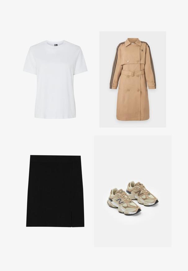 Bēšs lietusmētelis ar dubultpogu aizdari, jostu un melniem svītrainiem akcentiem uz piedurknēm; aprīkots ar apkakli un sānu kabatām.; Balts kokvilnas T-krekls ar īsām piedurknēm un apaļu kakla izgriezumu. Gluda tekstūra, brīva piegriezte un bez redzamām rakstām vai akcentiem.; Melna mini svārku izgatavota no mīksta auduma ar pieguļošu dizainu, kurai sānos ir neliela šķirba papildu detaļām.; Beigās sporta kedas ar acu un zamša materiāliem. Iekļauj melnu logotipu un teksturētus akcentus. Resna balta starppēda un melna gumijas zole.