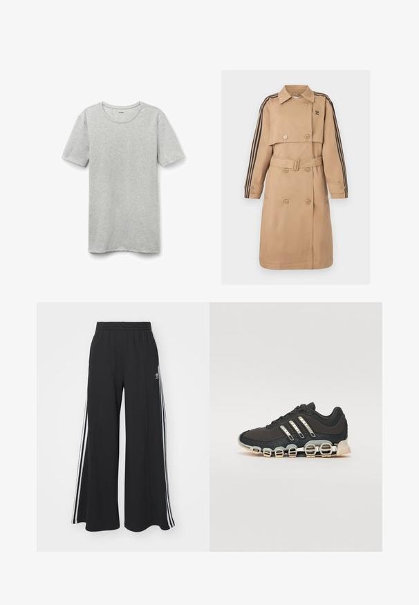 Beżowy trencz z podwójnym rzędem guzików, paskiem i czarnymi paskami na rękawach; posiada kołnierz i boczne kieszenie.; Jasnoszara bawełniana koszulka z krótkim rękawem, okrągłym dekoltem i gładką fakturą. Prosty, klasyczny wzór bez widocznych logo czy wzorów.; Czarne szerokie spodnie dresowe z elastycznym pasem, z białymi paskami po bokach i haftowanym logo na lewej udzie.; Czarne sportowe buty z teksturowaną cholewką, trzema srebrnymi paskami i charakterystyczną podeszwą z amortyzacją, składającą się z wielu zintegrowanych sekcji.