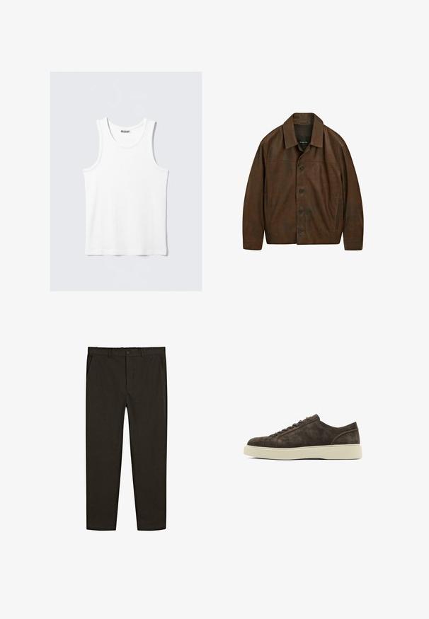 Brun läderjacka med knappstängning, spridd krage och två sidofickor. Har en slät textur och en avslappnad passform.; Vit linne med rund halsringning och breda axelband. Tillverkad av ett mjukt, lätt tyg och har en minimalistisk design utan mönster.; Mörkbruna, vävda byxor med rak passform, framfickor och knappstängning i midjan. Slät textur.; Bruna mockaskinnssneakers med en slät textur, rund tå, platt gummisula och en enkel snörning. Subtila sömnadsdetaljer på sidorna.