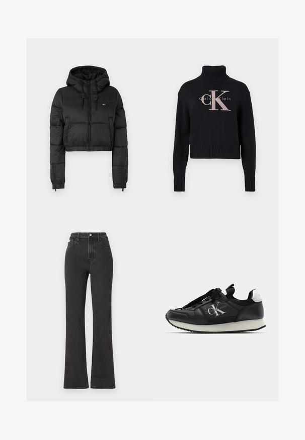 Black cropped puffer jacket with a hood, featuring a front zipper, two side pockets, and an elastic hem. Smooth texture with minimal branding.; Navy blue cropped sweater with a ribbed turtleneck, featuring a light pink embroidered 'CK' logo and 'calvin klein' text. Smooth knit texture.; Black high-waisted flared jeans made of denim, featuring a button closure, belt loops, and side pockets. Smooth texture with minimal fading.; Black leather sneaker with a white sole, featuring a logo on the side, black laces, and a contrasting heel accent. Classic athletic design.