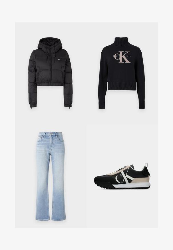 Svart cropped pufferjakke med hette, med glidelås foran, to sidelommer og elastisk avslutning. Glatt tekstur med minimal merkevare.; Mørkeblå cropped genser med ribbestrikket høy hals, med en lys rosa brodert 'CK' logo og 'calvin klein' tekst. Glatt strikket tekstur.; Lys blå denim flared jeans med høy midje, kontraststing, frontlommer og en subtil falmeeffekt mot kanten.; Svart sneaker med en beige semsket aksent, hvit logo, gummisåle og snører. Har et slitesterkt overmateriale og en løfletapp på hælen.