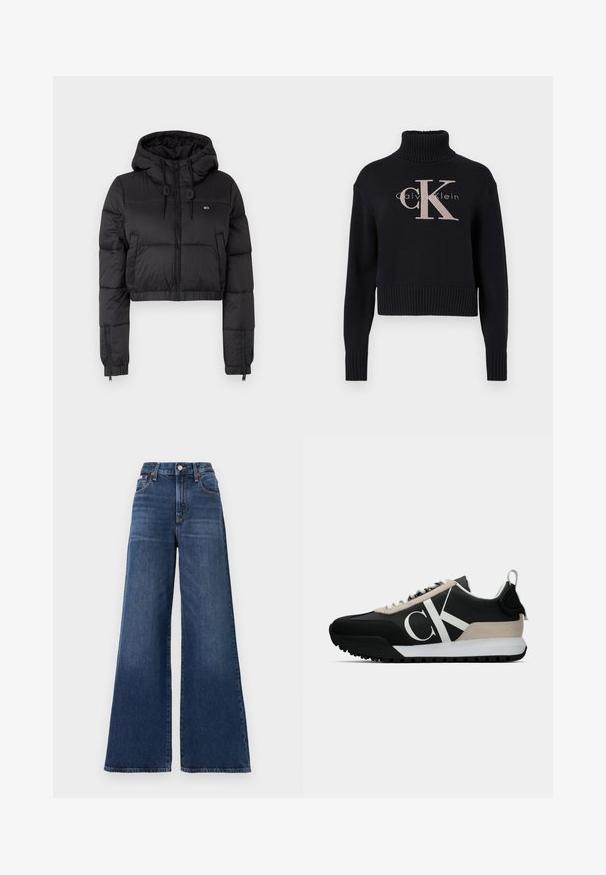 Must musta puffer jakk, millel on kapuuts, esiküljel lukuga kinni, kahes külg taskus ja elastne alläär. Sile tekstuur, minimaalne bränding.; Tumesinine lühike kampsun, ribaga kaelusega, millel on hele roosa tikitud 'CK' logo ja 'calvin klein' tekst. Sile kudumise tekstuur.; Kõrge vöökohaga, laiad teksad, valmistatud tumedast sinisest denimist, nööbivarraga, viie tasku ja kerge pleekimisega reie piirkonnas.; Mustan värvi tennised, millel on beeži nubukist aktsent, valge logo, kummist tallad ja paelad. Omab vastupidavat pealist ja tõmbeosa kannal.
