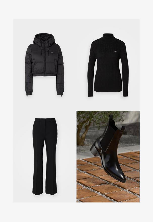 Black cropped puffer jacket with a hood, featuring a front zipper, two side pockets, and an elastic hem. Smooth texture with minimal branding.; Black turtleneck sweater in a textured cable-knit design. Features long sleeves and a fitted silhouette. Small logo on the chest.; Black tailored trousers with a flared shape. Made of smooth fabric featuring front crease lines and a flat waistband. No visible pockets.; Black leather Chelsea boot with a pointed toe, elastic side panels, and a chunky heel, resting above a stone and wood patterned surface.
