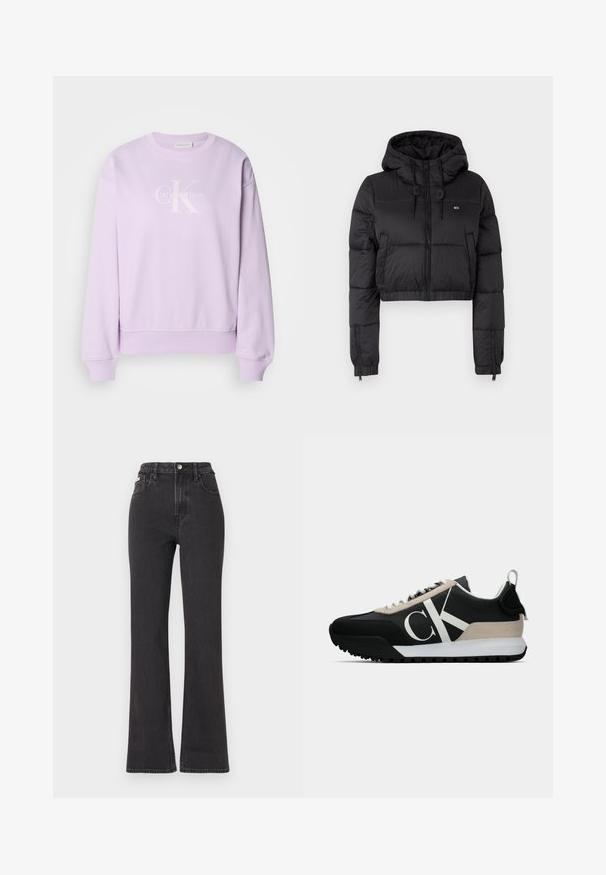 Čierna skrátená puffer bunda s kapucňou, s predným zipsom, dvoma bočnými vreckami a elastickým lemom. Hladká textúra s minimálnym brandingom.; Fialová mikina vyrobená z mäkkého materiálu. Má okrúhly výstrih, dlhé rukávy, rebrované manžety a biele logo Calvin Klein na prednej strane.; Čierne džíny s vysokým pásom a rozšírenými nohavicami vyrobené z denimu, s gombíkovým zapínaním, pútkami na opasok a bočnými vreckami. Hladká textúra s minimálnym ošúchaním.; Čierne tenisky s béžovým semišovým akcentom, bielym logom, gumovou podrážkou a šnúrkami. Obsahujú odolný zvršok a pútko na päte.