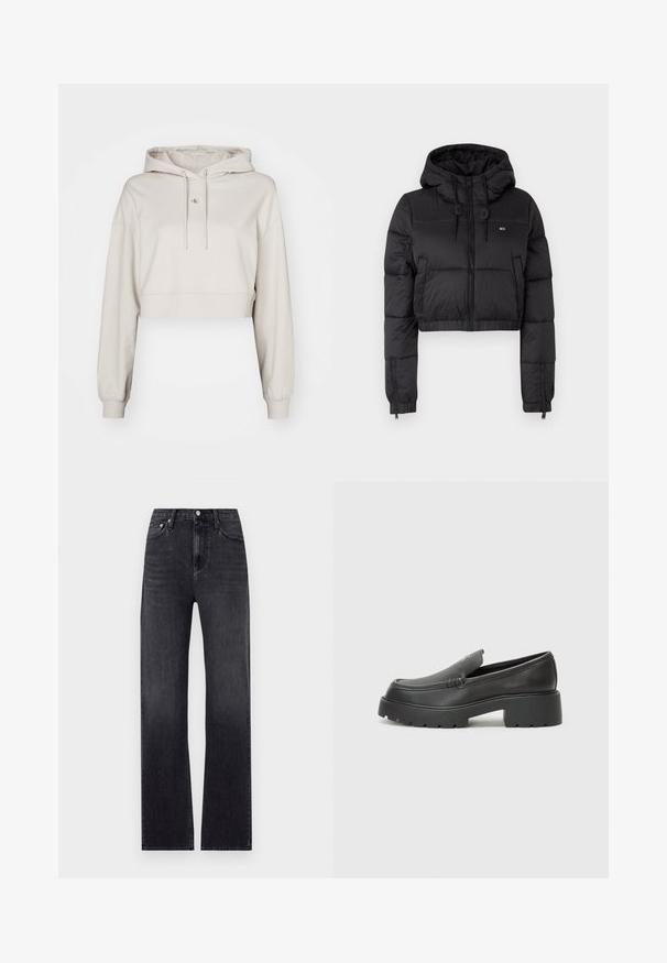 Jacheta scurtă din fâș neagră cu glugă, având un fermoar frontal, două buzunare laterale și o margine elastică. Textură netedă cu branding minim.; Hanorac scurt bej fabricat dintr-un material moale, cu glugă cu șnur, mâneci lungi și un mic patch cu logo pe piept.; Jeans negre cu croi drept, din denim, având talie înaltă, cinci buzunare și fermoar cu sistem de închidere cu buton. Ușor decolorate.; Mocasini din piele neagră, cu vârf rotunjit, talpă groasă texturată și detalii minimale de cusătură. Design elegant, fără șireturi sau accesorii vizibile.