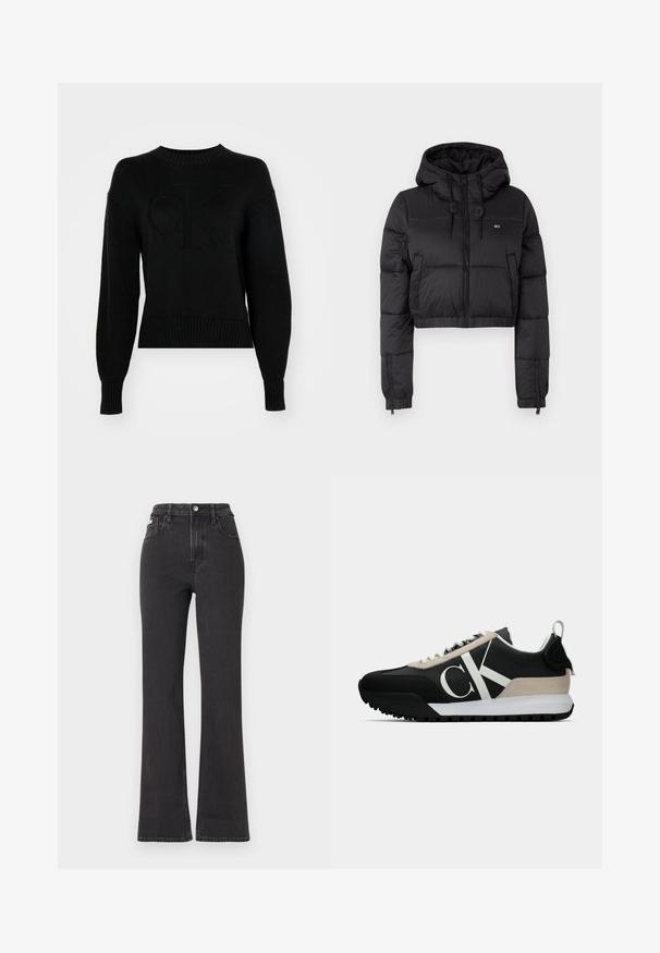 Svart kort puff-jacka med huva, med en framdragkedja, två sidofickor och en elastisk nederkant. Slät textur med minimal branding.; Svart stickad tröja med ribbade ärmslut och nederkant. Har en upphöjd "CK"-logotyp på framsidan. Enfärgad med en strukturerad yta.; Svarta högmidjade utsvängda jeans i denim, med knappknäppning, bältesöglor och sidofickor. Slät textur med minimal urtvättning.; Svart sneakers med en beige mockadetalj, vitt logotyp, gummisula och snörning. Har ett hållbart ovandel och en dragflik på hälen.