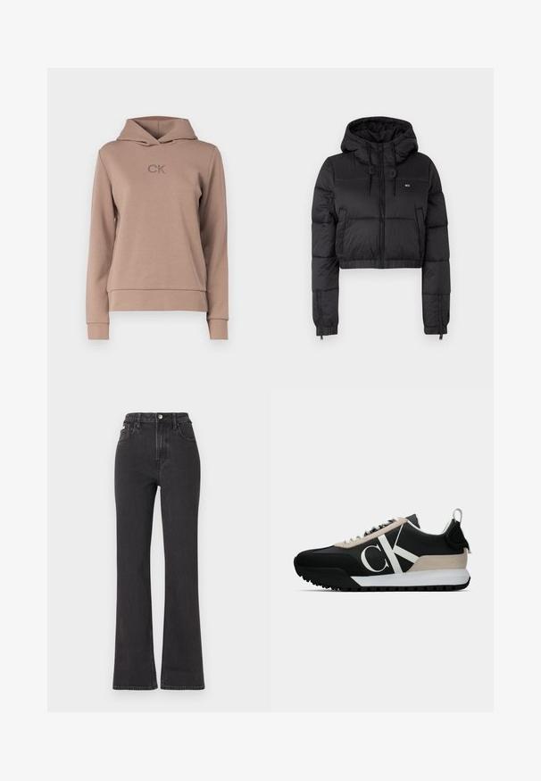 Giacca a vento cropped nera con cappuccio, dotata di chiusura frontale con zip, due tasche laterali e orlo elasticizzato. Texture liscia con branding minimale.; Felpa marrone realizzata in tessuto morbido con tasca a marsupio frontale, polsini a coste e cappuccio. Presenta un logo "CK" ricamato sul petto.; Jeans neri a vita alta e a zampa d'elefante in denim, con chiusura a bottoni, passanti per cintura e tasche laterali. Texture liscia con minimal fading.; Sneaker nera con un accento in suede beige, logo bianco, suola in gomma e lacci. Presenta una tomaia durevole e un'etichetta sul tallone.