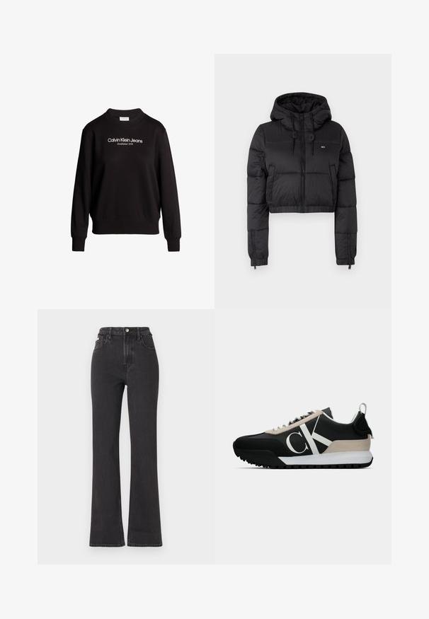 Chaqueta acolchada recortada negra con capucha, que cuenta con un cierre frontal, dos bolsillos laterales y un dobladillo elástico. Textura suave con un mínimo de marcas.; Calvin Klein Jeans INSTITUTIONAL GRAPHIC - Sudadera - black; Jeans de cintura alta negros en tejido de mezclilla, con cierre de botón, presillas para cinturón y bolsillos laterales. Textura suave con un desvanecimiento mínimo.; Zapatilla negra con un acento de ante beige, logo blanco, suela de goma y cordones. Presenta un upper duradero y un tirador en el talón.
