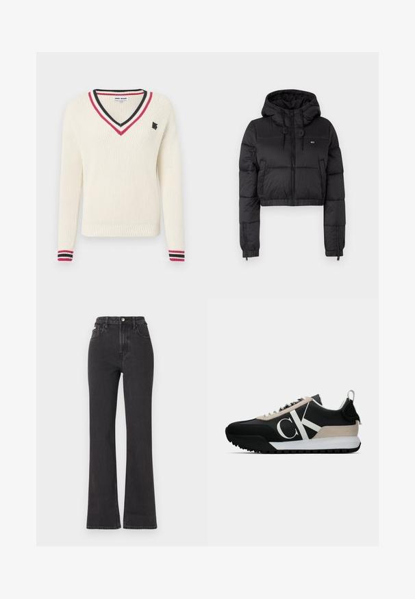 Black cropped puffer jacket with a hood, featuring a front zipper, two side pockets, and an elastic hem. Smooth texture with minimal branding.; Cream v-neck sweater with ribbed texture, featuring red and black striped accents on the collar and cuffs, and a small logo on the chest.; Black high-waisted flared jeans made of denim, featuring a button closure, belt loops, and side pockets. Smooth texture with minimal fading.; Black sneaker with a beige suede accent, white logo, rubber sole, and laces. Features a durable upper and a pull tab on the heel.