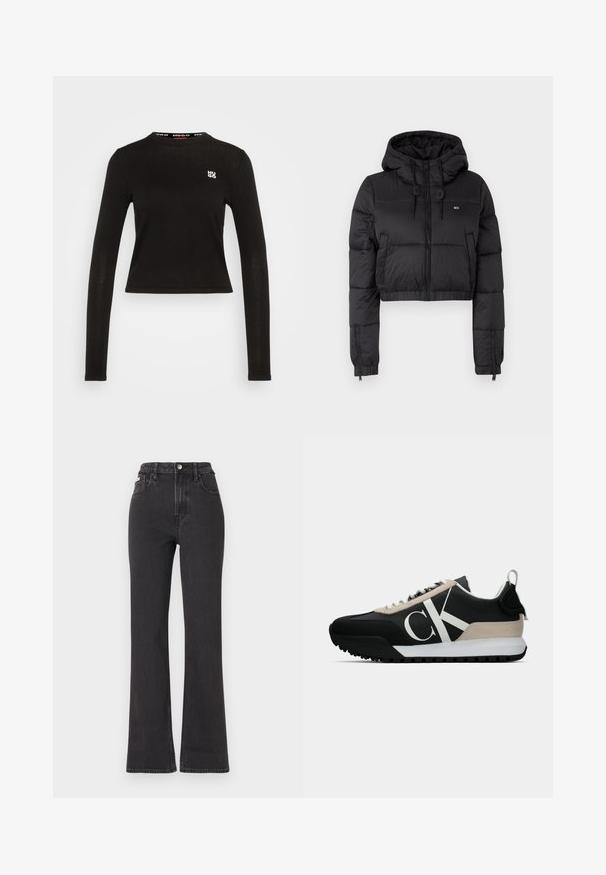 Czarna krótka kurtka puchowa z kapturem, z zamkiem błyskawicznym z przodu, dwoma bocznymi kieszeniami i elastycznym dołem. Gładka tekstura z minimalnym logo.; Czarna, długosleevowa bluzka z ribbowanej tkaniny. Posiada okrągły dekolt oraz białe logo na lewej piersi. Krótkie wykończenie dolne.; Czarne jeansy z wysokim stanem i rozszerzanym dołem, wykonane z denimu, z zapięciem na guzik, szlufkami na pasek oraz kieszeniami bocznymi. Gładka faktura z minimalnym przetarciem.; Czarna sneakersy z beżowym zamszowym akcentem, białym logo, gumową podeszwą i sznurówkami. Posiadają wytrzymałą cholewkę oraz pętlę na pięcie.