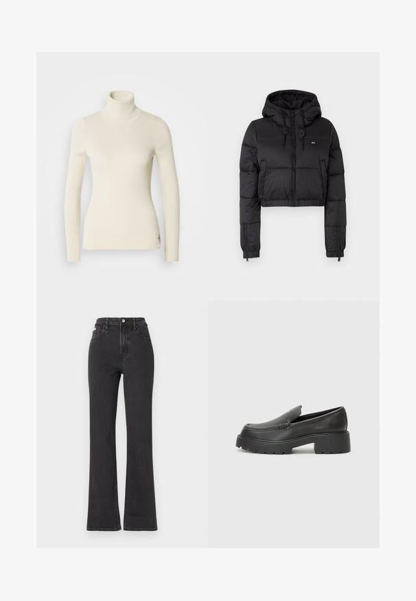 Schwarze, croppte Daunenjacke mit Kapuze, ausgestattet mit einem Frontreißverschluss, zwei Seitentaschen und einem elastischen Saum. Glatte Textur mit minimalem Branding.; Cremfarbener Rollkragenpullover aus geripptem Stoff. Hat lange Ärmel, eine taillierte Passform und ein kleines Logo am Saum. Weiche Textur.; Schwarze, hochgeschnittene Schlagjeans aus Denim mit Knopfverschluss, Gürtelschlaufen und seitlichen Taschen. Glatte Textur mit minimaler Ausbleichung.; Schwarze Lederloafer mit einer abgerundeten Spitze, dicker strukturierten Laufsohle und minimalen Nähten. Schlankes Design ohne sichtbare Schnürsenkel oder Beschläge.