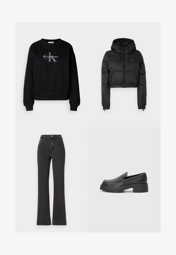 Chaqueta acolchada recortada negra con capucha, que cuenta con un cierre frontal, dos bolsillos laterales y un dobladillo elástico. Textura suave con un mínimo de marcas.; Sudadera negra de algodón, con cuello redondo y corte holgado. Presenta un gran logo gris con "Calvin Klein" y "CK" en la parte delantera.; Jeans de cintura alta negros en tejido de mezclilla, con cierre de botón, presillas para cinturón y bolsillos laterales. Textura suave con un desvanecimiento mínimo.; Mocasines de piel negra con punta redondeada, suela texturizada gruesa y mínimos detalles de costura. Diseño elegante sin cordones o herrajes visibles.