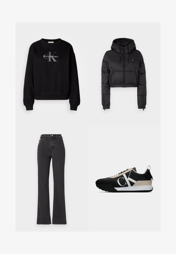 Melna saīsināta pūkainā jaka ar kapuci, ar priekšējo rāvējslēdzēju, divām sānu kabatām un elastīgu apakšmalu. Gluda tekstūra ar minimālu zīmolu.; Melnas kokvilnas sporta krekls ar apaļu kakla izgriezumu un brīvu piegriezumu. Priekšpusē redzams liels pelēks logs ar "Calvin Klein" un "CK".; Melnas augstā jostasvietā plati izgrieztas džinsus no denima, ar pogu aizdari, jostas cilpām un sānu kabatām. Gluda tekstūra ar minimālu izbalēšanu.; Melnas sporta kurpes ar pelēku zamša akcentu, baltu logotipu, gumijas zoli un auklām. Iespējas ietver izturīgu augšējo daļu un cilpu uz papēža.