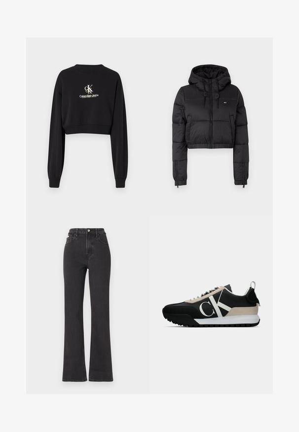 Fekete, rövidített puffertakaró kabát kapucnival, elülső cipzárral, két oldalsó zsebbel és elasztikus aljjal. Sima textúra, minimális márkázással.; Fekete, rövidített pulóver, puha anyagból készült, kerek nyakkal és hosszú ujjal. A "CK Calvin Klein Jeans" logo fehér és arany színben látható.; Fekete, magas derekú, trapéz fazonú farmernadrág, gombos záródással, övrésszel és oldalsó zsebekkel. Sima textúrájú, minimális kopással.; Fekete sportcipő bézs velúr kiegészítővel, fehér logóval, gumitalppal és fűzőkkel. Tartós felsőrésszel és húzófüllel rendelkezik a sarkán.