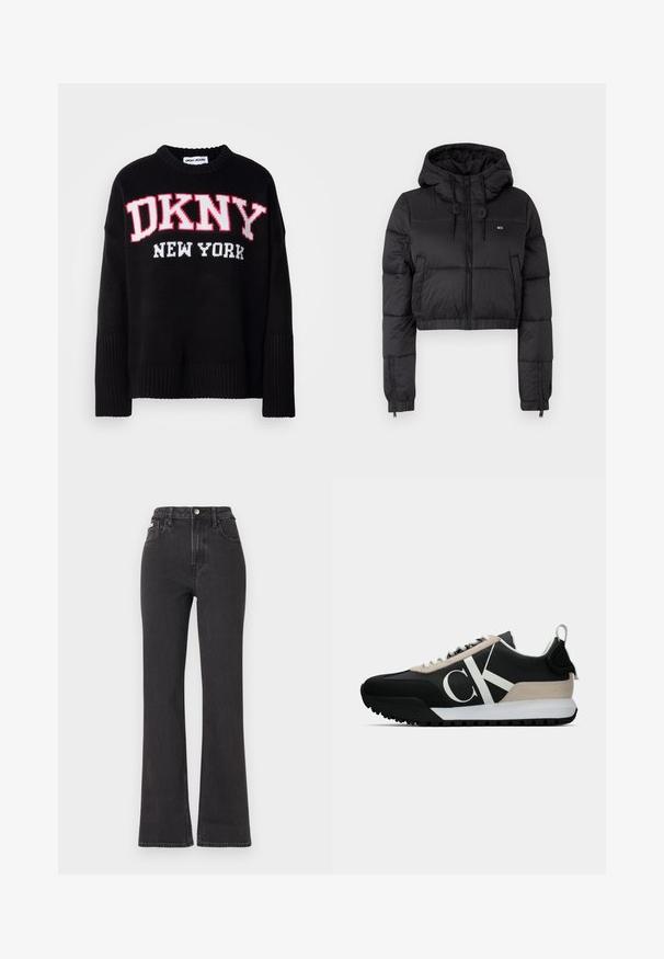 Fekete, rövidített puffertakaró kabát kapucnival, elülső cipzárral, két oldalsó zsebbel és elasztikus aljjal. Sima textúra, minimális márkázással.; Fekete kötött pulóver, kerek nyakkivágással és bordázott ujjal. Merész "DKNY" logó piros és fehér színben, alatta "NEW YORK" felirattal. Puha tapintású.; Fekete, magas derekú, trapéz fazonú farmernadrág, gombos záródással, övrésszel és oldalsó zsebekkel. Sima textúrájú, minimális kopással.; Fekete sportcipő bézs velúr kiegészítővel, fehér logóval, gumitalppal és fűzőkkel. Tartós felsőrésszel és húzófüllel rendelkezik a sarkán.