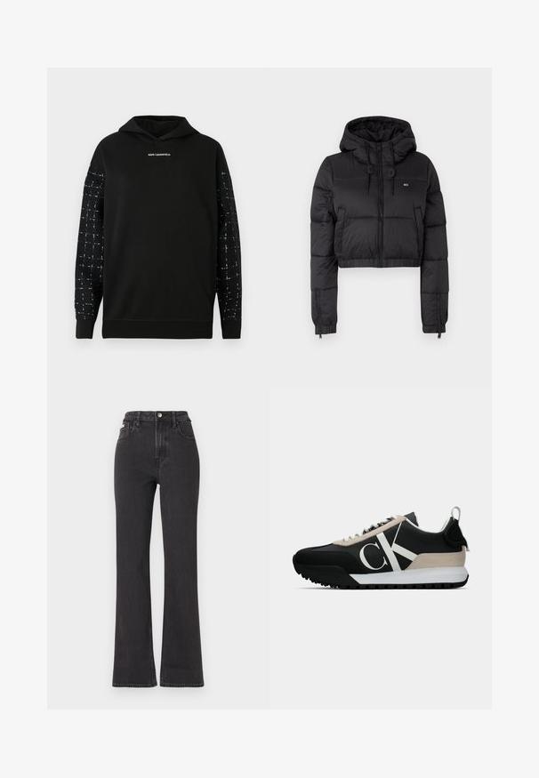 Fekete, rövidített puffertakaró kabát kapucnival, elülső cipzárral, két oldalsó zsebbel és elasztikus aljjal. Sima textúra, minimális márkázással.; Fekete kapucnis pulóver texturált fekete-fehér kockás ujjal és középen a mellkason elhelyezett „KARL LAGERFELD” logóval, bordázott szegéllyel és mandzsettákkal.; Fekete, magas derekú, trapéz fazonú farmernadrág, gombos záródással, övrésszel és oldalsó zsebekkel. Sima textúrájú, minimális kopással.; Fekete sportcipő bézs velúr kiegészítővel, fehér logóval, gumitalppal és fűzőkkel. Tartós felsőrésszel és húzófüllel rendelkezik a sarkán.