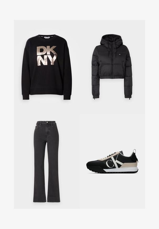 Melna saīsināta pūkainā jaka ar kapuci, ar priekšējo rāvējslēdzēju, divām sānu kabatām un elastīgu apakšmalu. Gluda tekstūra ar minimālu zīmolu.; Melna džemperis ar lielu, nolietotu metāliskā zelta "DKNY" logo. Garas piedurknes un ribotas aproces ar brīvu piegriezumu.; Melnas augstā jostasvietā plati izgrieztas džinsus no denima, ar pogu aizdari, jostas cilpām un sānu kabatām. Gluda tekstūra ar minimālu izbalēšanu.; Melnas sporta kurpes ar pelēku zamša akcentu, baltu logotipu, gumijas zoli un auklām. Iespējas ietver izturīgu augšējo daļu un cilpu uz papēža.