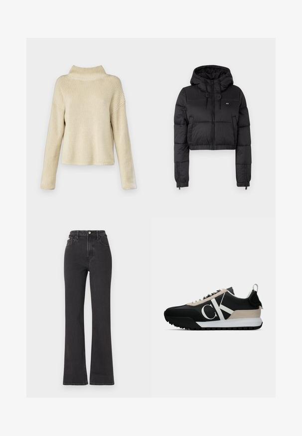 Black cropped puffer jacket with a hood, featuring a front zipper, two side pockets, and an elastic hem. Smooth texture with minimal branding.; Cream-colored knit sweater with a high collar, featuring a relaxed fit and ribbed texture, long sleeves, and a cropped length.; Black high-waisted flared jeans made of denim, featuring a button closure, belt loops, and side pockets. Smooth texture with minimal fading.; Black sneaker with a beige suede accent, white logo, rubber sole, and laces. Features a durable upper and a pull tab on the heel.